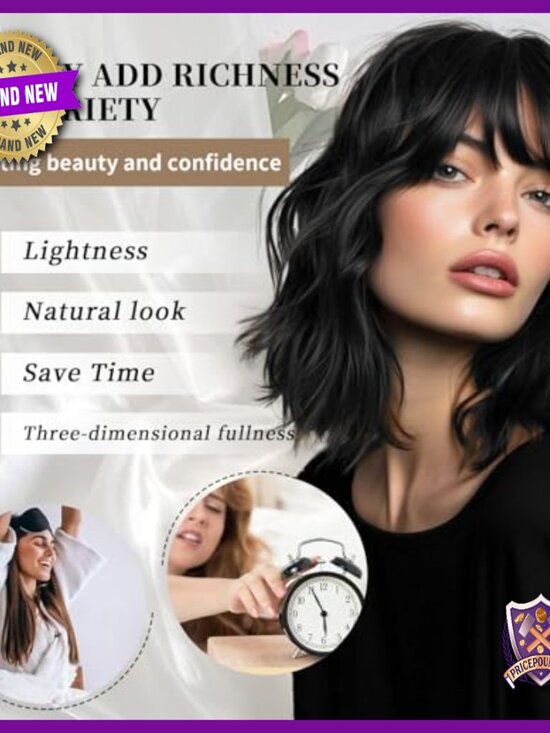 Short Wavy Curly Bob Wig with Bangs, Shoulder Length, Heat Resistant
